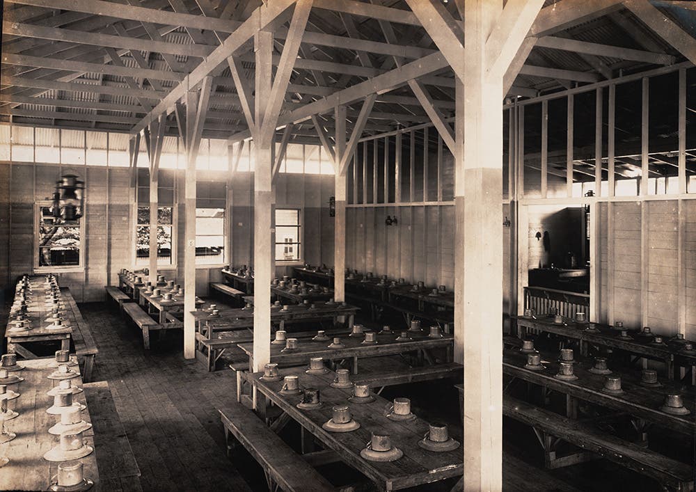 Mess hall for gold payroll employees.
Indoor dining halls for gold payroll employees were comfortable and served decent food. View in Digital Collection »