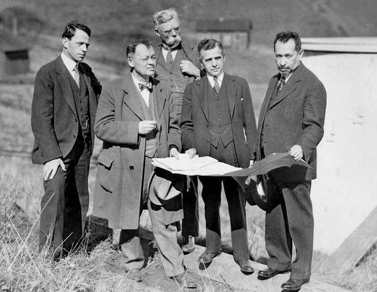 Group photo, consulting engineers for Golden Gate Bridge photograph, 1932?; Leon Moisseiff is at right, front row; others are Derleth, Strauss, and Ammann, with geologist Andrew C. Lawson at rear (pbs.org)