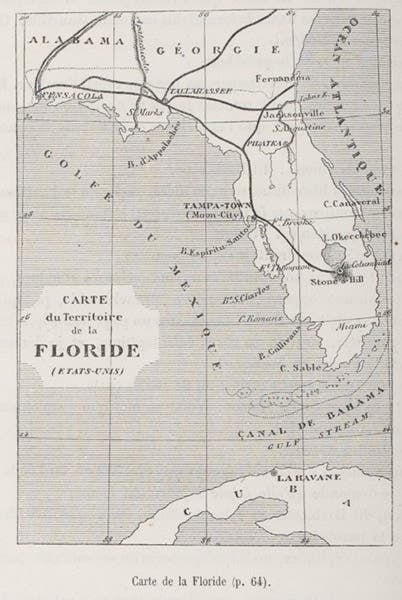 Map of southern Florida and the location of the cannon well at Stone Hill, wood engraving after a design by Henri de Montaut, in De la terre à la lune, by Jules Verne, 1865, here from the 1868 ed, Bibliothèque nationale de France (gallica.bnf.fr)