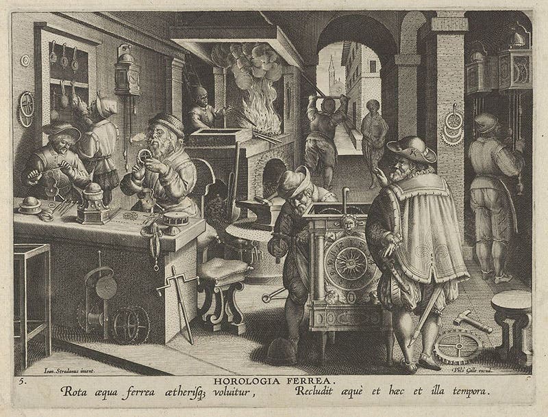 “Iron clocks,” plate 5 of Nova Reperta, designed by Jan Van der Straet, engraved by Philip Galle, ca 1600 (Metropolitan Museum of Art)