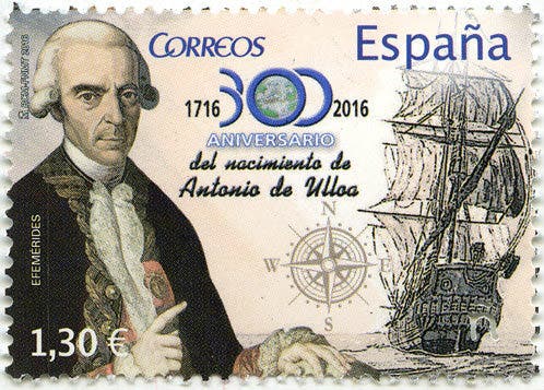 Postage stamp of Spain, issued in 2016, commemorating the 300th anniversary of the birth of Antonio de Ulloa (icas.sevilla.org)