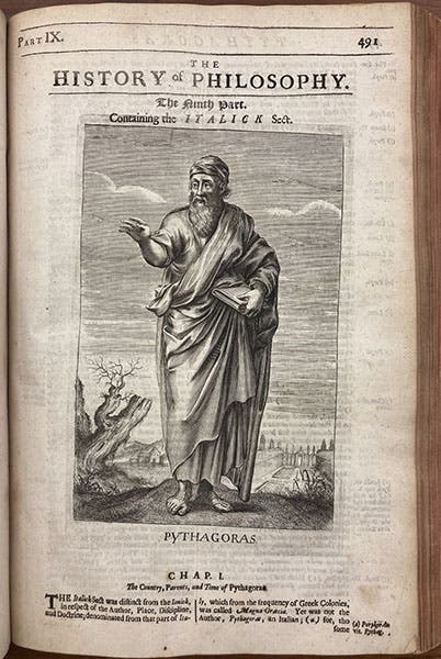 Imagined portrait of Pythagoras of Samos, engraving in The History of Philosophy, by Thomas Stanley, 1687 (Linda Hall Library)