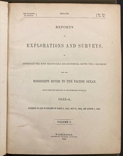 Title page of vol. 1 of the Pacific Railroad Reports, edited by Andrew A. Humphreys, 1855 (Linda Hall Library)