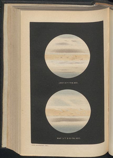 Jupiter, as seen on Jan. 14 and May 5, 1872, drawn by John Browning, lithographed plate in Monthly Notices of the Royal Astronomical Society, vol. 32, 1871-72 (Linda Hall Library)