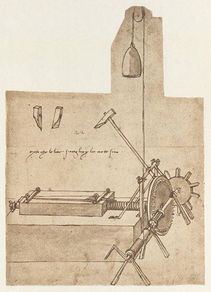 Design for a file-making machine, drawing by Leonardo da Vinci, 1480, fol. 24r of the Codex Atlanticus, facsimile, 1973 (Linda Hall Library)