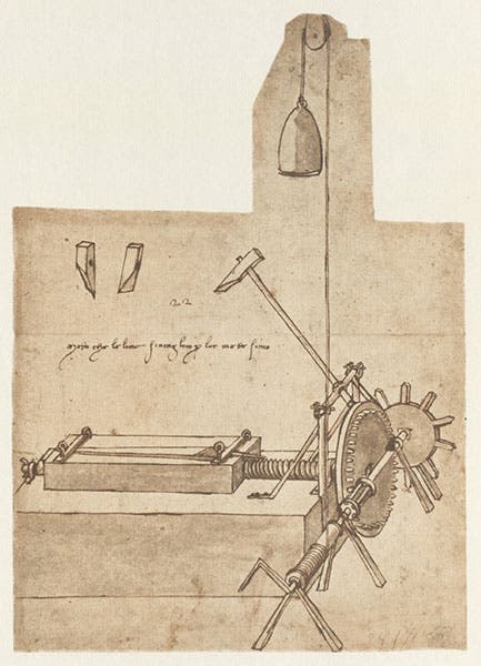 Design for a file-making machine, drawing by Leonardo da Vinci, 1480, fol. 24r of the Codex Atlanticus, facsimile, 1973 (Linda Hall Library)