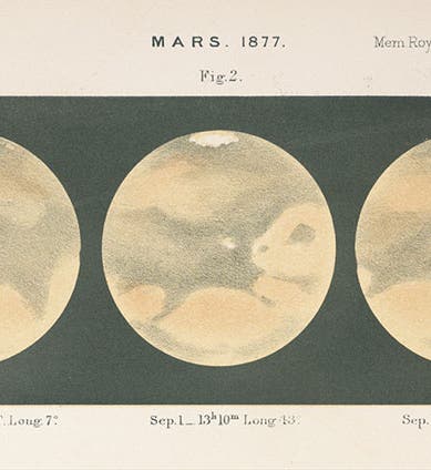 Detail of second image, three views of Mars, drawn and lithographed by Nathaniel Green, for his article, "Observations of Mars, at Madeira, in August and September 1877," Memoirs of the Royal Astronomical Society, vol. 44, 1879 (Linda Hall Library)