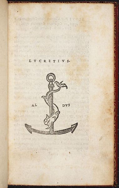 The printer’s mark of the Aldine Press, a dolphin and anchor, with the motto (implied here): festina lente – make haste slowly – in the Aldine edition of Lucretius, De rerum naturae, 1515 (Linda Hall Library)