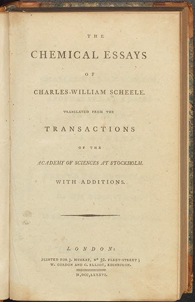 Title page of The Chemical Essays of Charles-William Scheele, trans. by Thomas Beddoes, 1786 (Linda Hall Library)