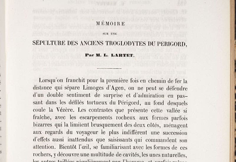 First paragraph, “Memoire sur une sepultre des anciens troglodytes de Perigord," by Louis Lartet, Annales des sciences naturelles, 5th ser., Zoologie et Paleontologie, 1868, vol. 10, p. 133, 1868 (Linda Hall Library)
