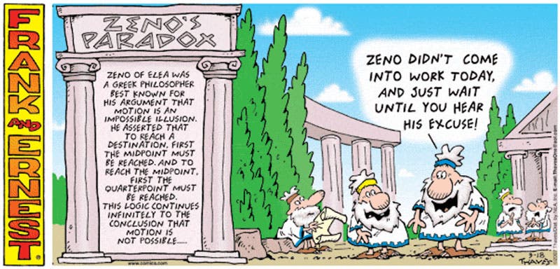 Zeno’s Dichotomy Paradox, a Frank and Ernest cartoon by Thaves, Mar. 18, 2007 (gocomics.com/frank-and-ernest)
