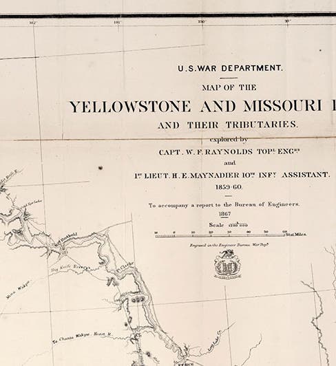 Title panel, detail of “Map of the Yellowstone and Missouri Rivers and their Tributaries,” by William F. Raynalds and H.E. Maynadier, 1868, David Rumsey Map Collection`(davidrumsey.com)