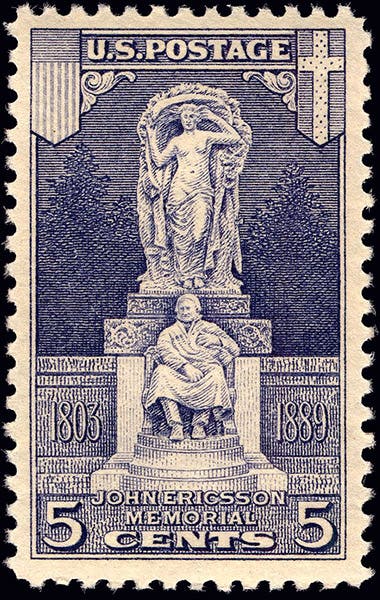 U.S. postage stamp commemorating John Ericsson, with a view of his Washington monument, 1926 (Wikimedia commons)