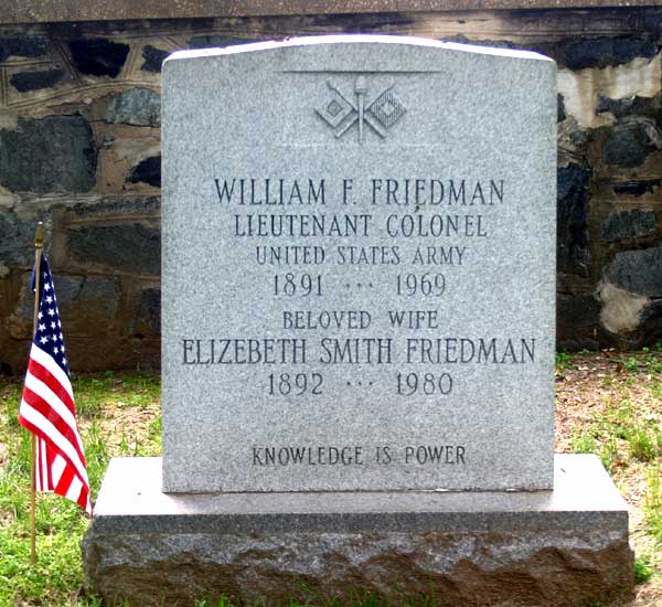 Gravestone of William Friedman and Elizebeth Friedman at Arlington National Cemetery, with a quotation from Francis Bacon at the bottom (findagrave.com)