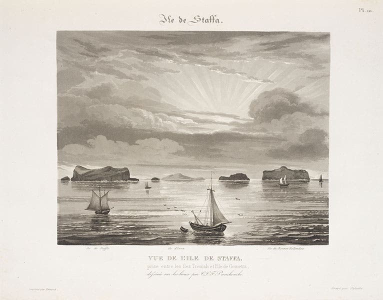 Distant view of Staffa (far left), aquatint, from Panckoucke, L'Ile de Staffa, 1831 (Linda Hall Library)