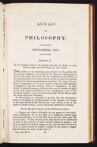 First page of Prout article on specific gravities of different elements, from <i>Annals of Philosophy</i>, vol. 6, 1815 (Linda Hall Library)
