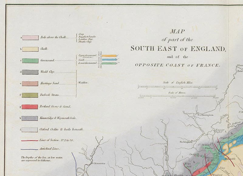 Key to coloring, detail of geological map of southeast England, accompanying an article by William Henry Fitton, Transactions of the Geological Society of London, 2nd ser., vol. 4, 1836 (Linda Hall Library)