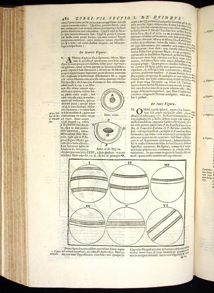 The faces of Jupiter (bottom) and Mars, according to Francesco Fontana, Almagstum novum, by Giovanni Battista Riccioli, vol. 1, p. 486, 1651 (Linda Hall Library)