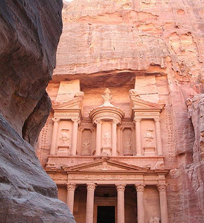 The “Treasury” at Petra in Jordan, as it would have first appeared to Johann Ludwig Burckhardt, emerging from the entrance passage on Aug. 22, 1812, modern photograph (Wikimedia commons)