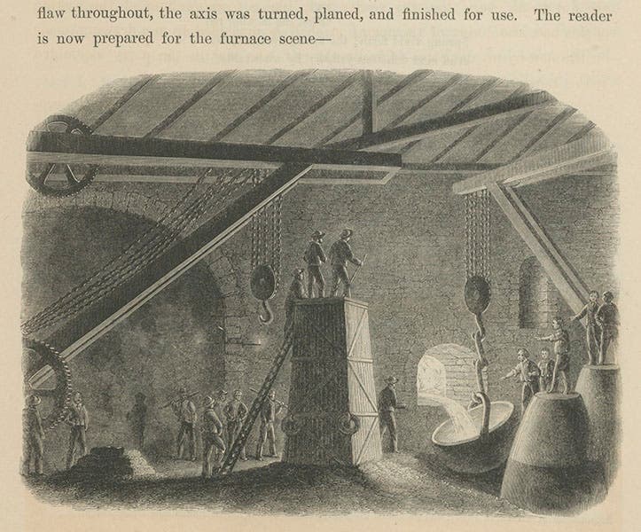 “The furnace scene” depicting the casting of a speculum for a reflector, text wood engraving, from William H. Smyth, Cycle of Celestial Objects Continued, 1860 (Linda Hall Library)