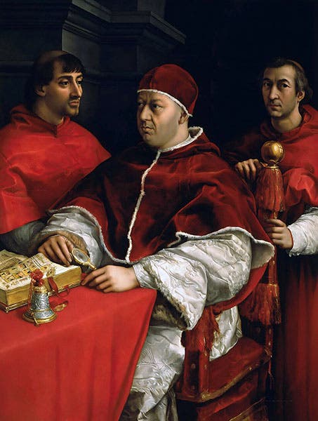 Portrait of Pope Leo X, with two of his cardinal cousins, oil on panel, by Raphael, 1518, Uffizi Gallery, Florence (Wikimedia commons)