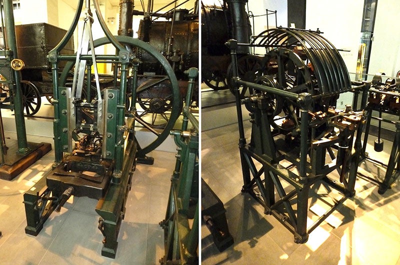 Machine for cutting mortises (left), and a shaper (right), from the Portsmouth Block Mills, built by Henry Maudslay, ca 1808, on display in the Science Museum, London (Calculating blog on Wordpress.com)