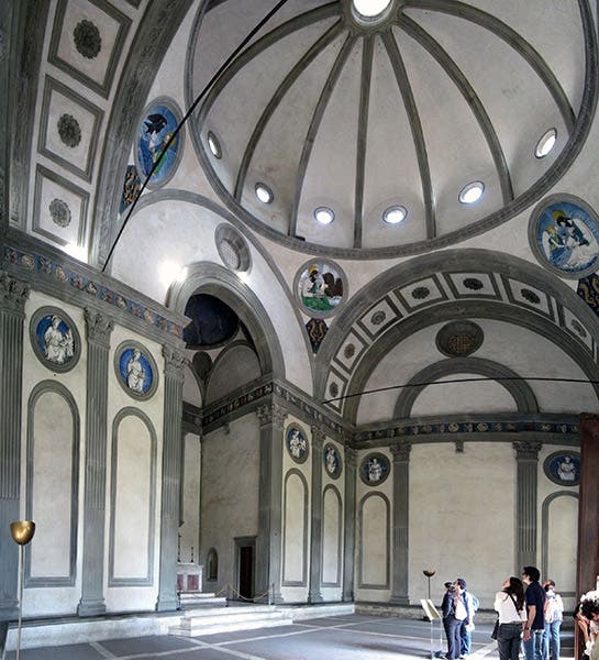 Pazzi Chapel, interior, designed by Filippo Brunelleschi, Santa Croce basilica, Florence, 1429-44 (Wikimedia commons)