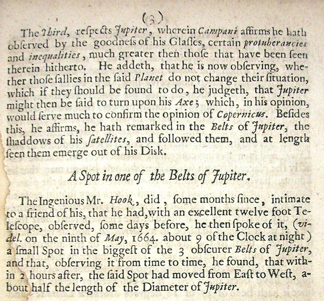 Account of Robert Hooke’s discovery of the Great Red Spot of Jupiter, page 3 of issue no. 1, Philosophical Transactions, edited by Henry Oldenburg, Mar. 6, 1665 (Linda Hall Library)