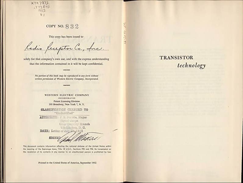 Verso of title page and half-title (p. [iv-v]) in Volume 1 of the proceedings from Western Electric’s April 1952 Transistor Technology Symposium. This copy contains a stamp confirming that its classification status changed from “Restricted” to “Unclassified” in July 1953. (Linda Hall Library) 