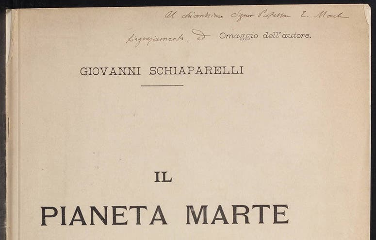 Detail of the title page of Il pianeta marte, by Giovanni Schiaparelli, 1893, with presentation inscription to Ernst Mach (Linda Hall Library)