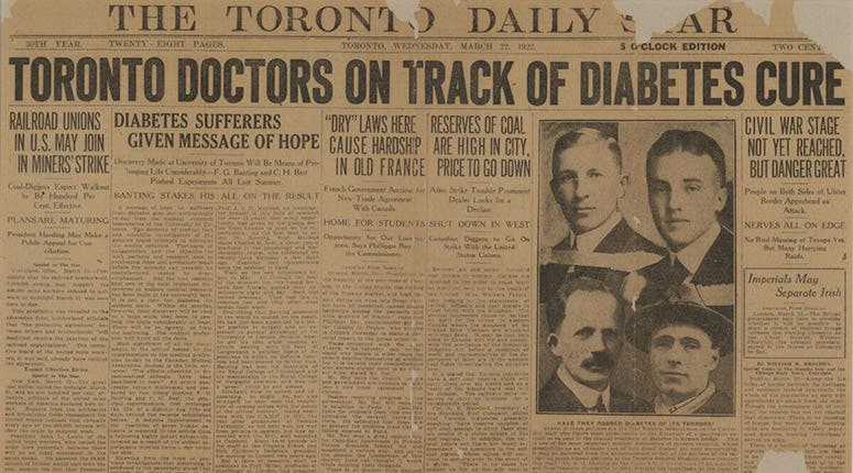 Headline of Toronto Daily Star, Mar. 22, 1922, with photographs of (left to right, top to bottom): Frederick Banting, George Best, John McLeod, James Collip (thestar.com)