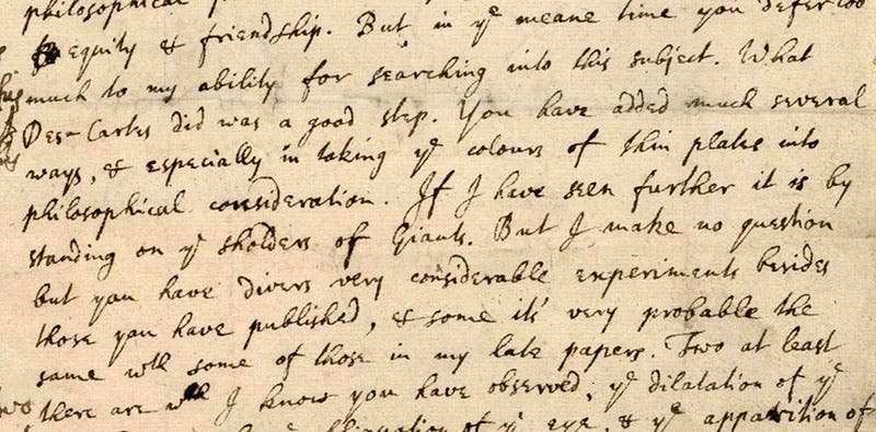 The Aphorism, as Isaac Newton wrote it in his letter to Robert Hooke, Feb. 5, 1675/76, detail of first page (first image), Historical Society of Pennsylvania (digitallibrary.hsp.org)