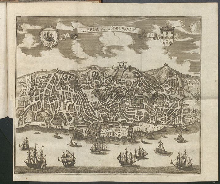 “Lisboa oder Lissabon”, aerial view of Lisbon, double-folding engraving in Gesammlete Nachrichten von dem Erdbeben der Stadt Lissabon, by J.H. Rühlen, and 5 other tracts, Tract 4, 1756 (Linda Hall Library)