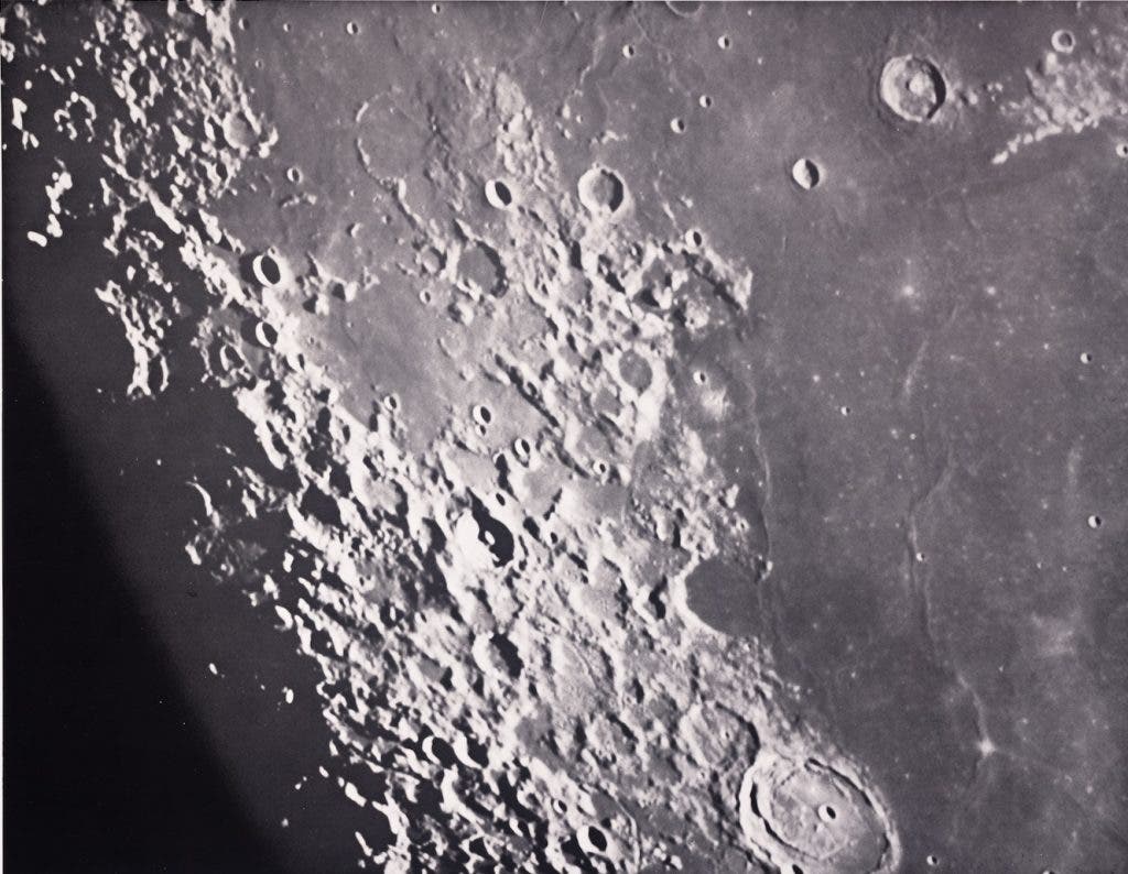 Image from the Photographic Lunar Atlas that was taken at the Lick Observatory on September 12, 1919. Image source: Kuiper, Gerard Peter, ed. Photographic Lunar Atlas: Based on Photographs Taken at the Mount Wilson, Lick, Pic du Midi, McDonald, and Yerkes Observatories. Chicago UP, 1960. View Source