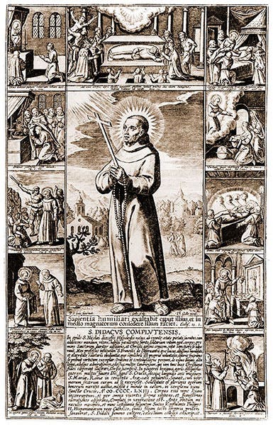 The sanctification of San Diego de Alcalá, engraving by Cornelius Galle, 1614 (Elizabeth King on blackbird.vcu.edu)