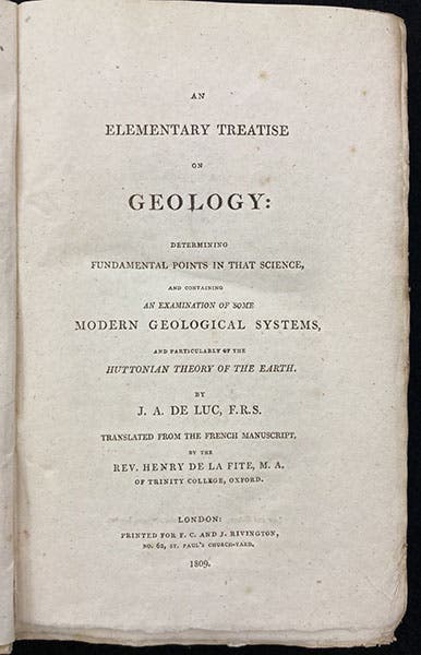 Title page, An Elementary Treatise on Geology … and Containing an Examination of Some Modern Geological Systems, and particularly of the Huttonian Theory of the Earth, 1809 (Linda Hall Library)