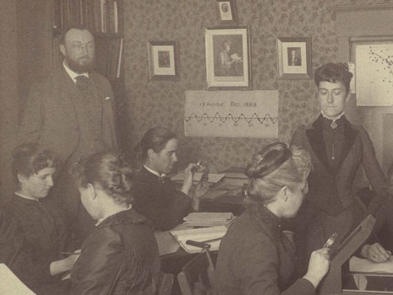 Detail of first image, Edward Pickering at left, Williamina Fleming at right, and Antonia Maury seated between them, holding a magnifier (Harvard University Archives, courtesy of Tom Fine)