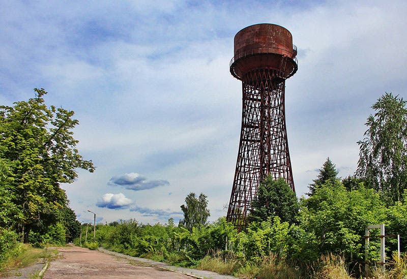 Hyperboloid water tower in Shostka, Sumy Oblst, Ukraine, designed and built by Vladimir Shukhov, undated photograph (birdinflight.com)