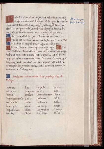 Beginning of a vocabulary for the natives of the Moluccas in Relazione del primo viaggio intorno al mondo, by Antonio Pigafetta, French translation, Beinecke MS 351, fol. 83 verso (collections.library.yale.edu)