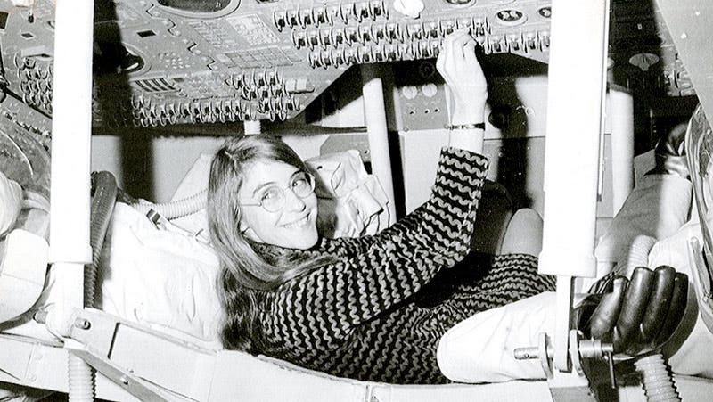 Margaret Hamilton posing in an Apollo LEM cockpit, ca 1969 (Cosmos Magazine)
