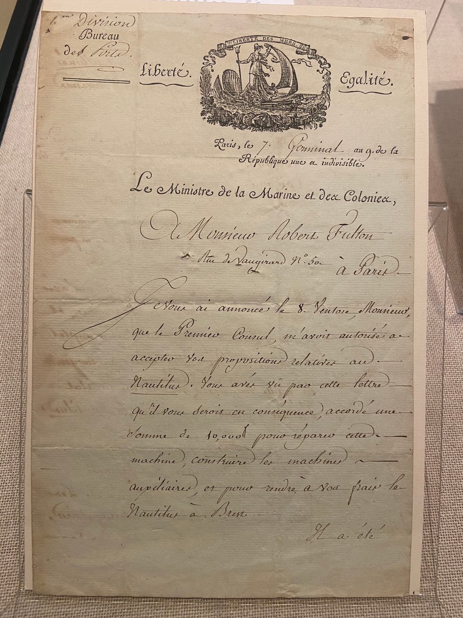 Photo of a letter from Pierre-Alexandre-Laurent Forfait to Robert Fulton