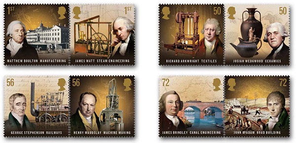 “Pioneers of the Industrial Revolution,” postage stamp series issued by Royal Mail, 2009; Richard Arkwright is on the 50p stamp at upper right, next to that of Josiah Wedgwood (norphil.co.uk)