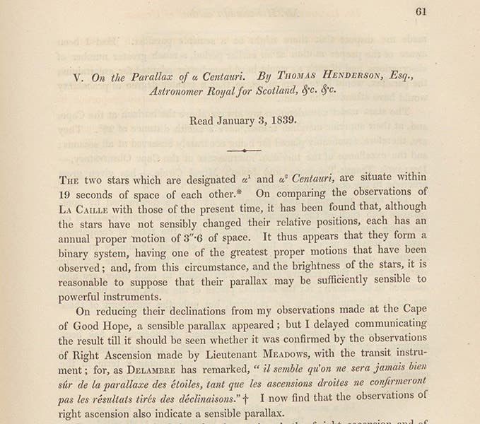 Detail of first page of paper by Thomas Henderson, “On the parallax of α Centauri,” Memoirs of the Royal Astronomical Society, vol. 11, 1840 (Linda Hall Library)