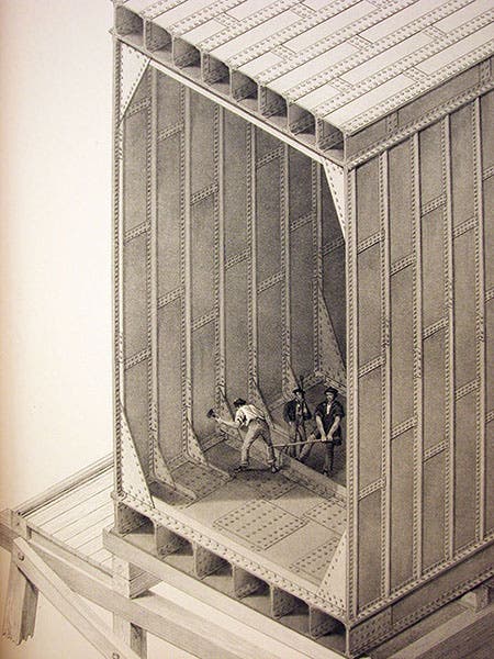 Section of a rectangular iron tube for the Conwy Tubular Bridge, detail of a lithograph in The Britannia and Conway Tubular Bridges, by Edwin Clark, published with the sanction and under the supervision of Robert Stephenson, Atlas, plate 13, 1850 (Linda Hall Library)