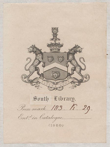 Macclesfield book plate and shelf mark, in Abraham Bosse, Traité des manieres de graver en taille-douce, 1701 (Linda Hall Library)