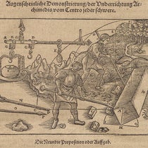 Levers in use according to the law of Archimedes, woodcut, Bawkunst, oder, Architectur, by Walther Hermann Ryff, 3rd ed., p. 526, 1582 (The Linda Hall)
