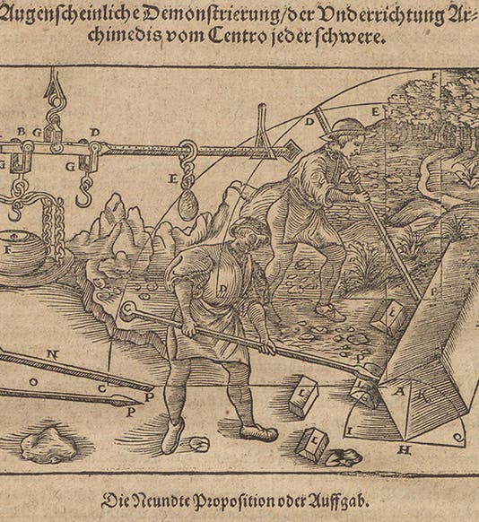 Levers in use according to the law of Archimedes, woodcut, Bawkunst, oder, Architectur, by Walther Hermann Ryff, 3rd ed., p. 526, 1582 (The Linda Hall)