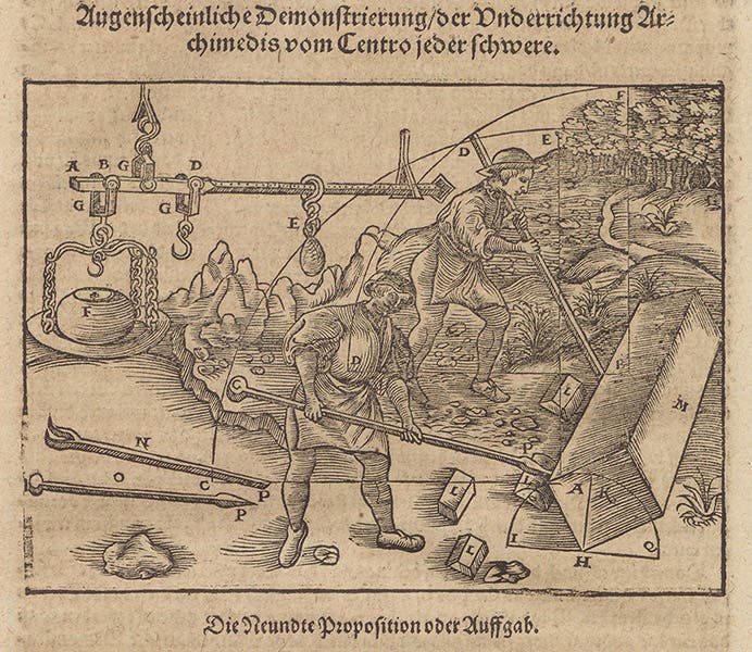 Levers in use according to the law of Archimedes, woodcut, Bawkunst, oder, Architectur, by Walther Hermann Ryff, 3rd ed., p. 526, 1582 (The Linda Hall)