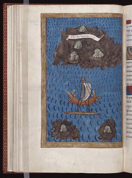 The Ladrones or Isles of Thieves (Marianas), with native catamaran, hand-drawn map, from the manuscript diary by Antonio Pigafetta, ca 1525, copy at the Beinecke Library, Yale University