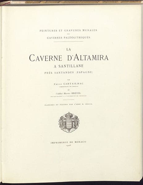 Title page, La caverne d'Altamira a Santillane, by Émile Cartailhac and abbé Henri Breuil, 1906 (The Linda Hall)